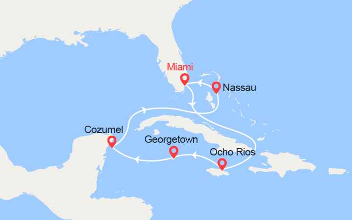 Carte itinéraire croisière Jamaïque, Iles Caïmans, Mexique, Bahamas