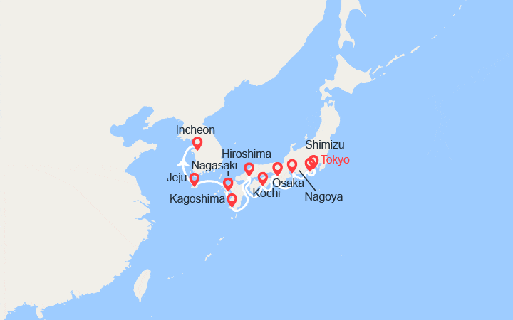 Carte itinéraire croisière Japon : Mont Fuji, Nagoya, Osaka, Nagasaki...