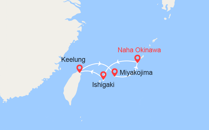 Carte itinéraire croisière Japon, Taïwan: Naha, Ishigaki, Keelung, Miyako
