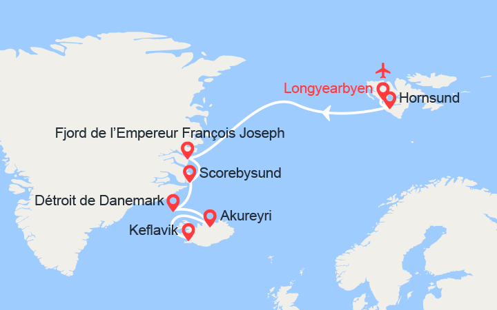 Carte itinéraire croisière La Grande Croisière Polaire : Spitzberg, Groenland, Islande
