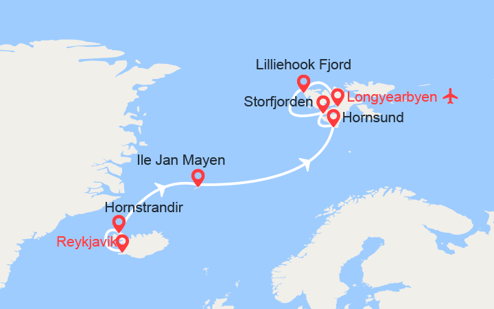 Carte itinéraire croisière La Grande Route Polaire : Islande, Groenland, Spitzberg