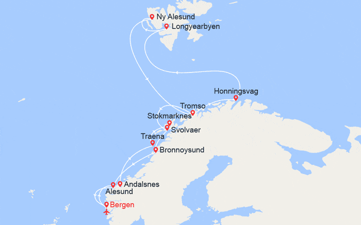 Carte itinéraire croisière La Ligne du Spitzberg (2025) || Vols + Hôtel inclus