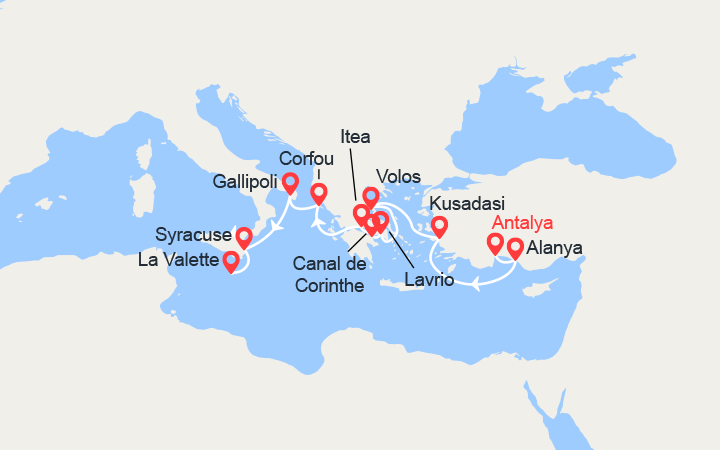 Carte itinéraire croisière La Méditerranée : empreintes des grandes civilisations