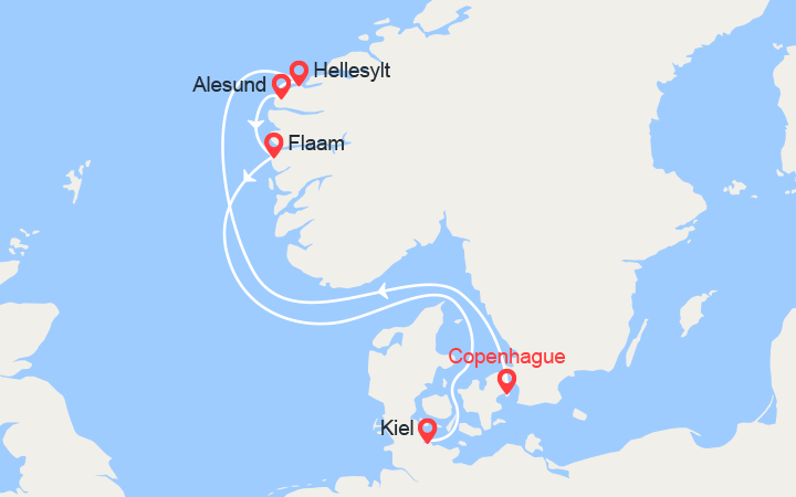 Carte itinéraire croisière La Norvège : de Copenhague à Kiel