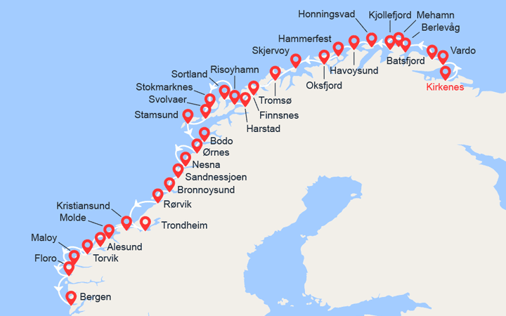 Carte itinéraire croisière La Norvège du Nord au Sud: de Kirkenes à Bergen