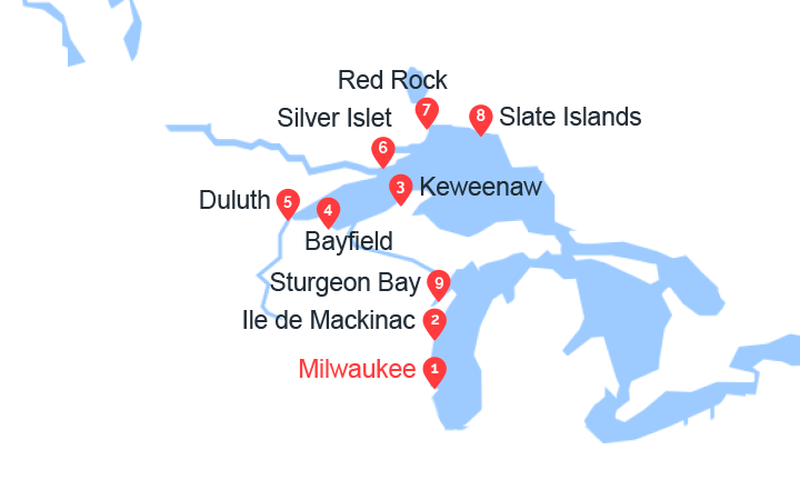 Carte itinéraire croisière Le lac Supérieur, une expédition grandeur nature: Milwaukee à Thunder Bay