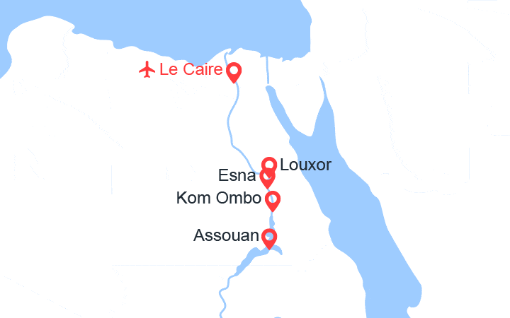 Carte itinéraire croisière Le Nil mythique en Dahabieh, Le Caire, Assouan, Louxor