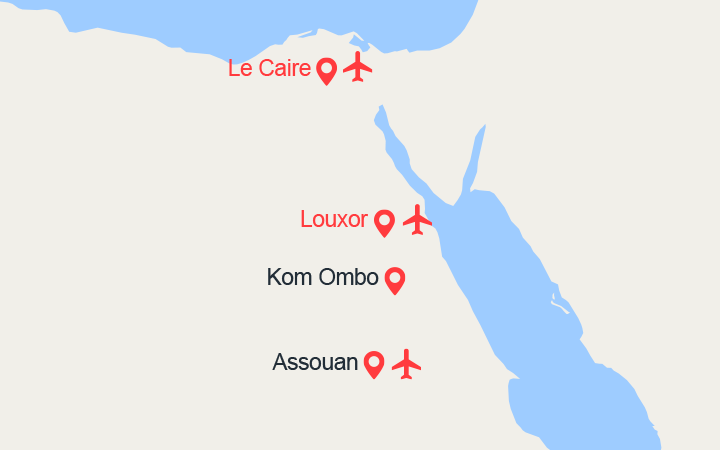 Carte itinéraire croisière Le Nil mythique en Dahabieh: Le Caire, Louxor, Assouan || Vol inclus