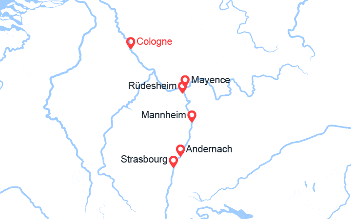 Carte itinéraire croisière Le Rhin : Cologne, Strasbourg, Redesheim...