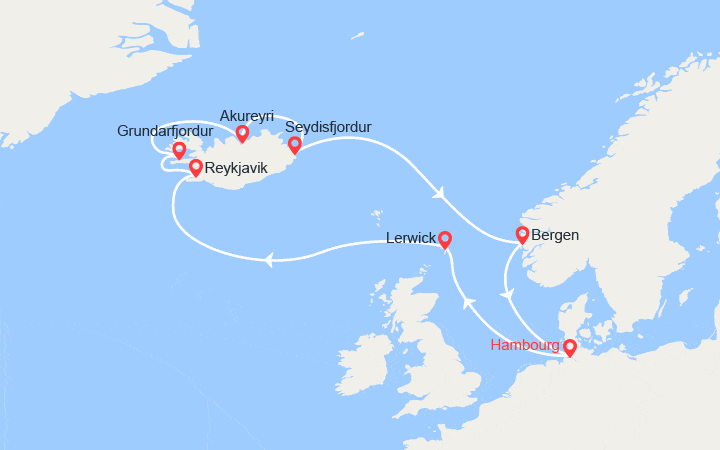 Carte itinéraire croisière Le tour de l'Islande