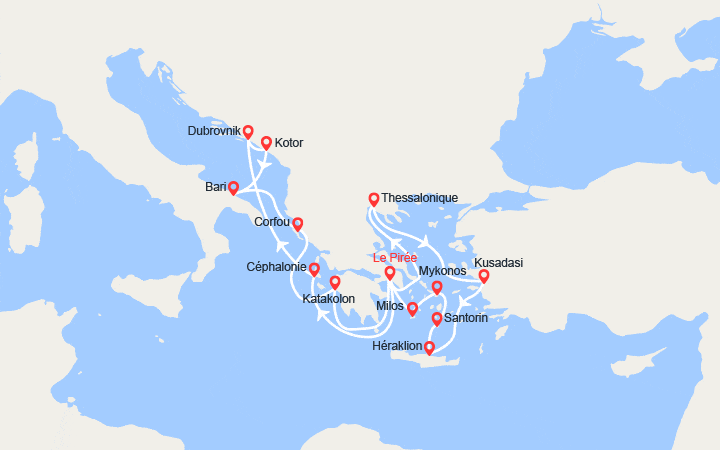Carte itinéraire croisière Légendaire Mer Egée et Ionien