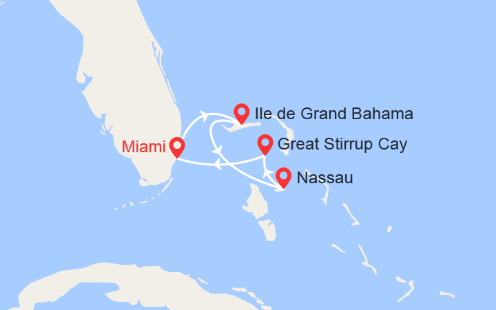 Carte itinéraire croisière Les îles des Bahamas : Grand Bahamas, Nassau, Great Stirrup Cay