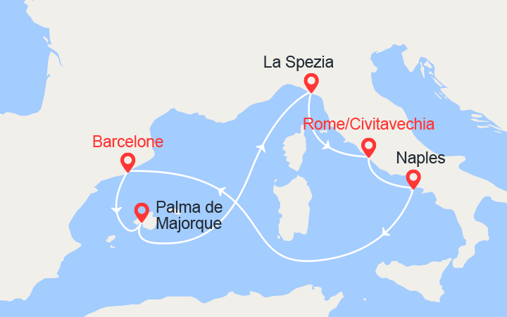 Carte itinéraire croisière Les incontournables de la Méditerranée : Italie, Espagne, France