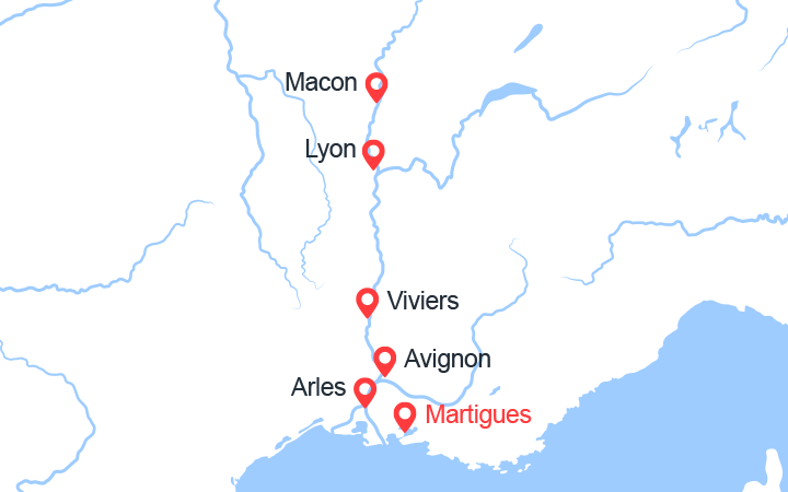 Carte itinéraire croisière Les plus belles escales du Rhône et de la Saône De Martigues à Lyon (MML_PP)