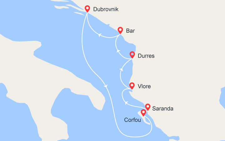 Carte itinéraire croisière Les trésors de l'Adriatique : Croatie, Grèce, Albane et Monténégro (DCA_PP)