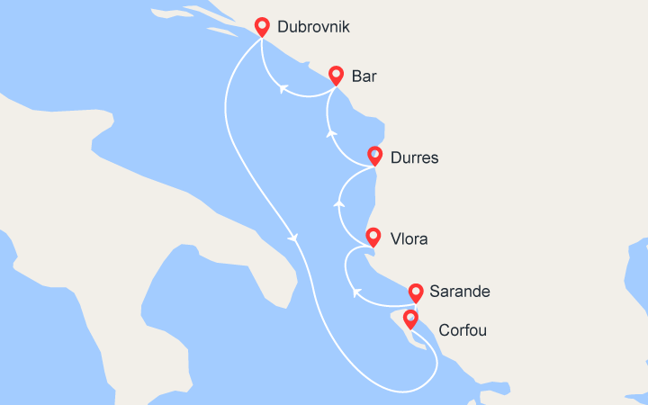 Carte itinéraire croisière Les Trésors de l'Adriatique : Croatie, Grèce, Albanie et Monténégro (DCA)