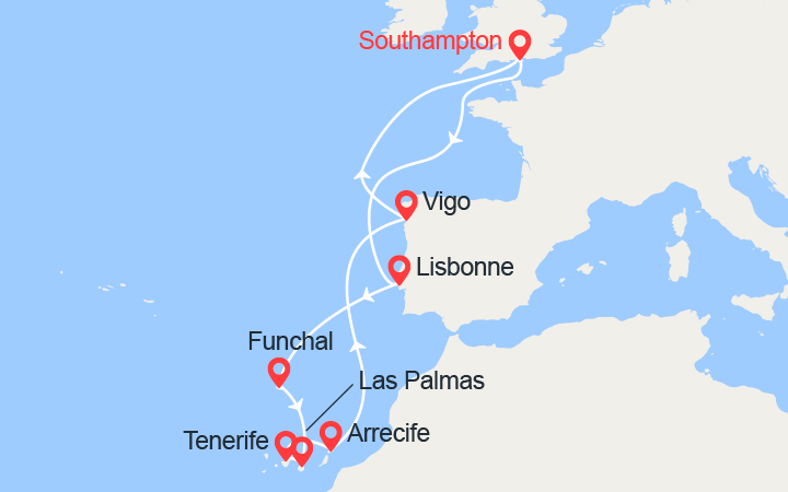 Carte itinéraire croisière Lisbonne, Madère, Iles Canaries