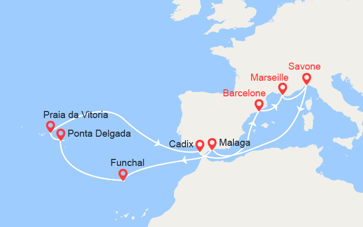 Carte itinéraire croisière Madère, Açores, Espagne