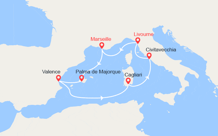 Carte itinéraire croisière Majorque, Espagne, Sardaigne, Italie