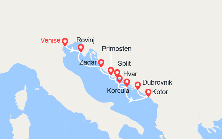 Carte itinéraire croisière Merveilles naturelles et joyaux culturels de Dalmatie