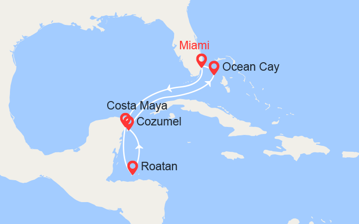 Carte itinéraire croisière Mexique, Honduras, Bahamas