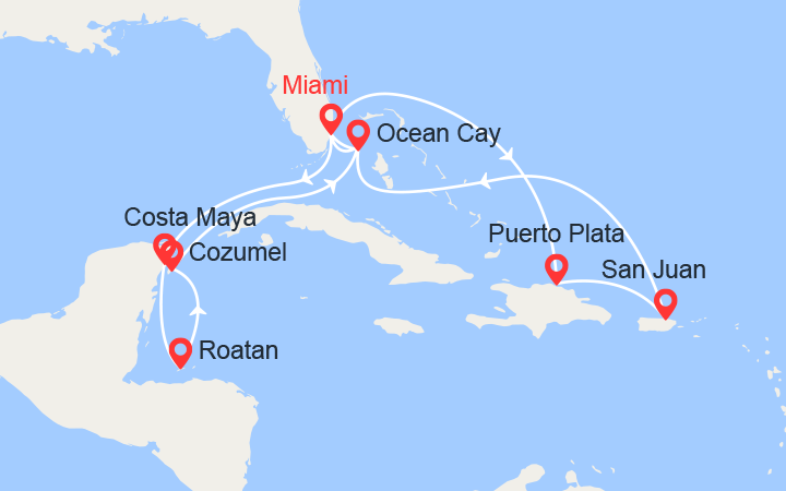 Carte itinéraire croisière Mexique, Honduras, Bahamas, Rép. Dominicaine, Porto Rico