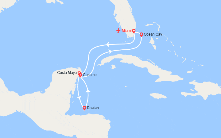 Carte itinéraire croisière Mexique, Honduras, Bahamas || Vols + 1 nuit d'hôtel inclus