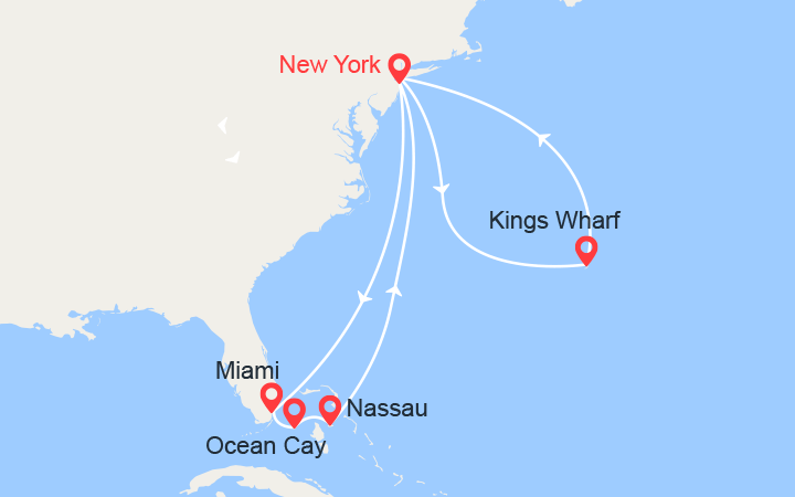 Carte itinéraire croisière Miami, Bahamas, Bermudes