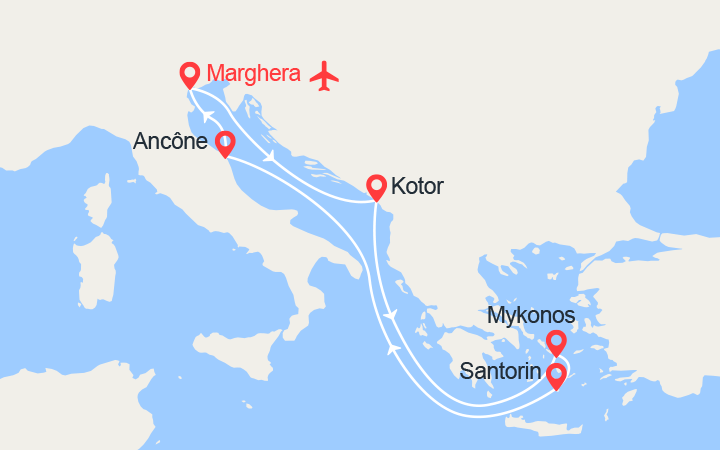 Carte itinéraire croisière Monténégro et Iles grecques - Vols inclus de Marseille