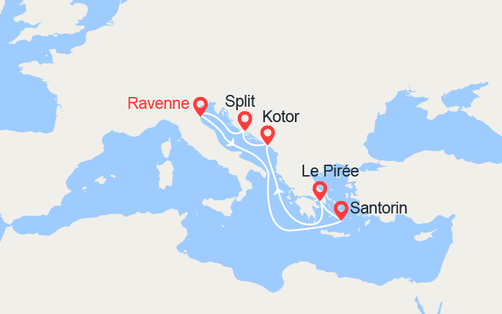 Carte itinéraire croisière Monténégro, Grèce, Croatie au départ de l'Italie