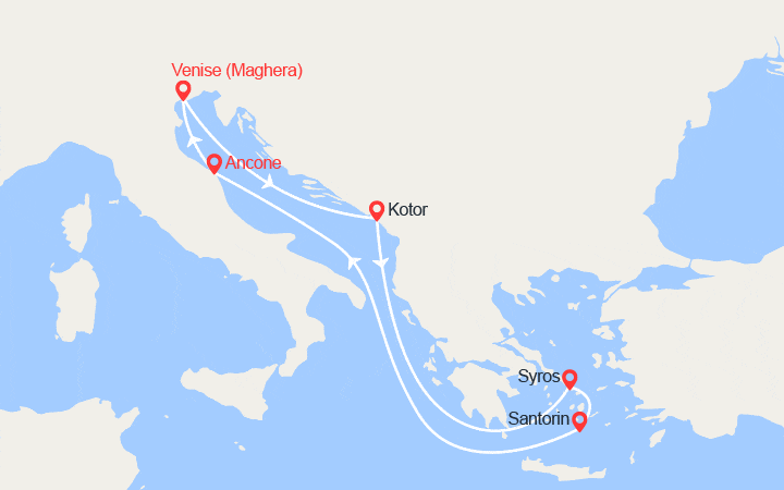 Carte itinéraire croisière Monténégro, Iles grecques, Italie