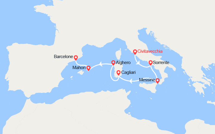 Carte itinéraire croisière Naples, Trapani, Tunis, Carloforte, Palma de Majorque