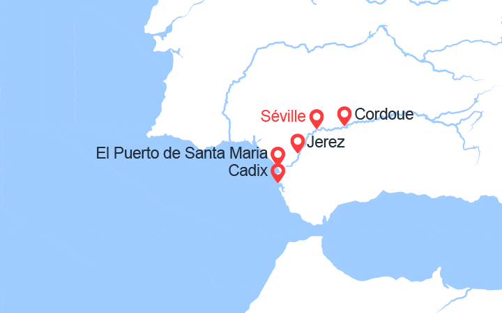 Carte itinéraire croisière Noël Andalou: Le Guadalviquir et la Baie de Cadix (NAD_PP)