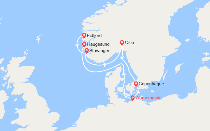 Carte itinéraire croisière Norvège, Danemark