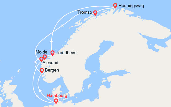 Carte itinéraire croisière Norvège et Cap Nord
