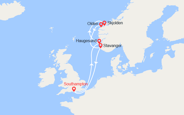 Carte itinéraire croisière Norvège: Haugesund, Skjolden, Olden, Stavanger