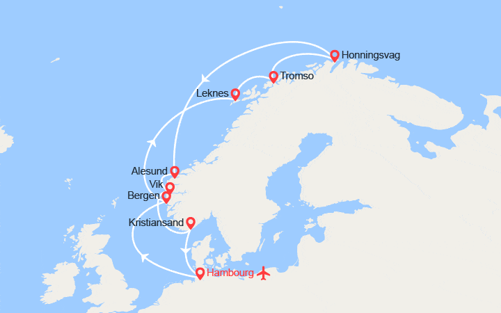 Carte itinéraire croisière Norvège, Iles Lofoten, Cap Nord II Vols inclus