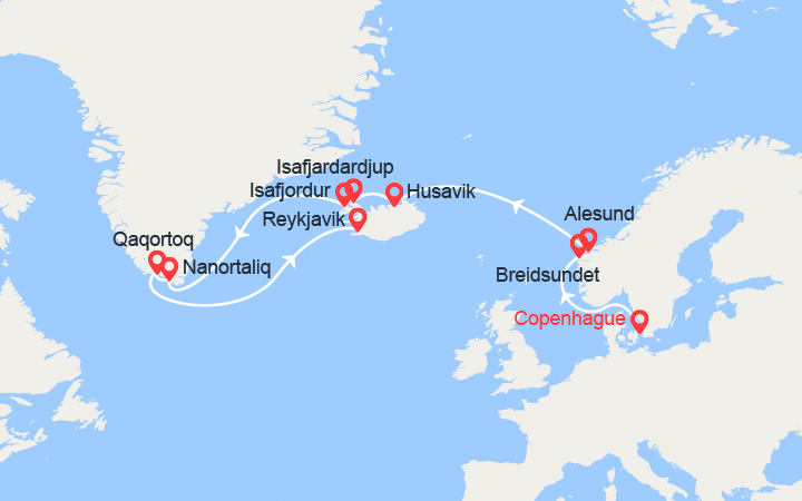 Carte itinéraire croisière Norvège, Islande, Groenland
