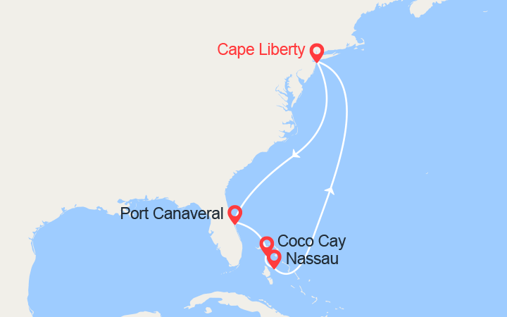 Carte itinéraire croisière Orlando, CocoCay et Nassau au départ de New York