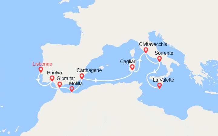 Carte itinéraire croisière Perles au long des côtes espagnoles et italiennes