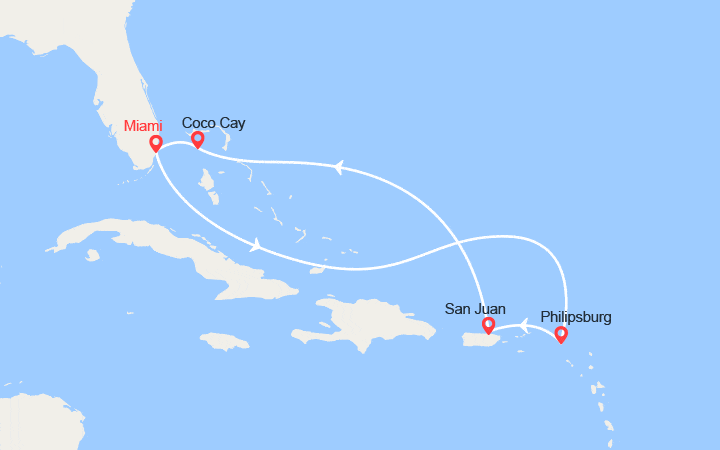 Carte itinéraire croisière Philipsburg, San Juan, CocoCay