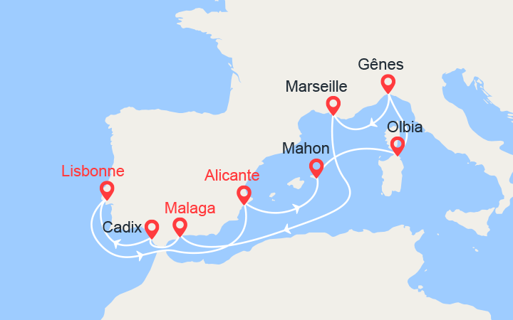 Carte itinéraire croisière Portugal, Espagne, Minorque, Italie, France