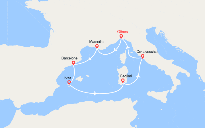 Carte itinéraire croisière Provence, Espagne, Ibiza, Italie