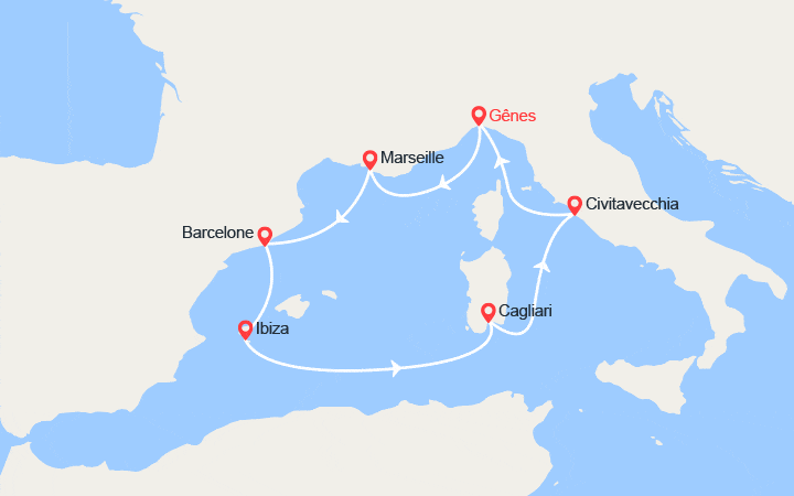 Carte itinéraire croisière Provence, Espagne, Ibiza, Italie