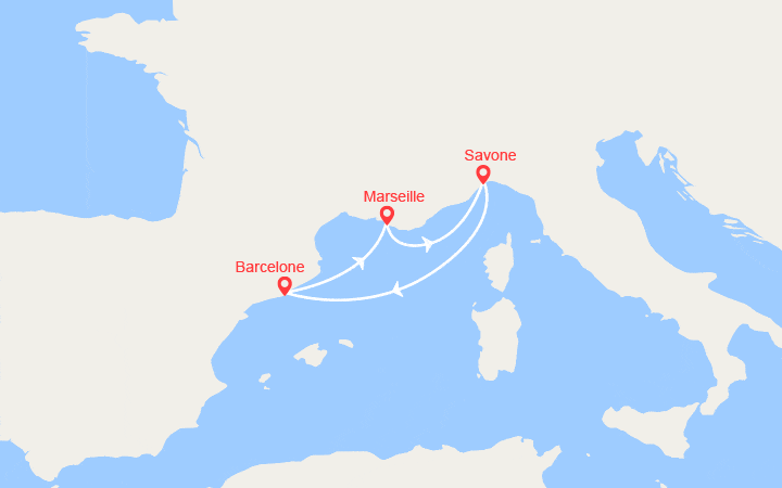 Carte itinéraire croisière Provence, Italie, Espagne