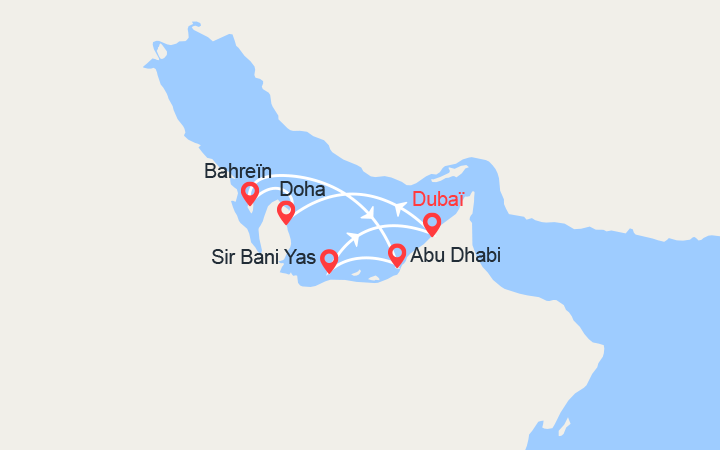 Carte itinéraire croisière Qatar, Bahreïn, Emirats Arabes