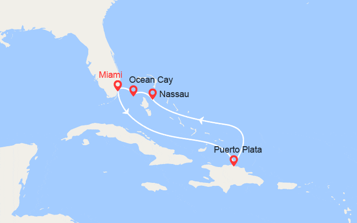 Carte itinéraire croisière Rép Dominicaine, Bahamas