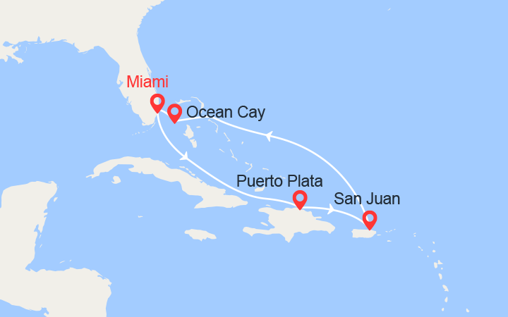 Carte itinéraire croisière Rép. Dominicaine, Porto Rico, Bahamas