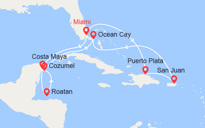 Carte itinéraire croisière Rép. Dominicaine, Porto Rico, Bahamas, Mexique, Honduras