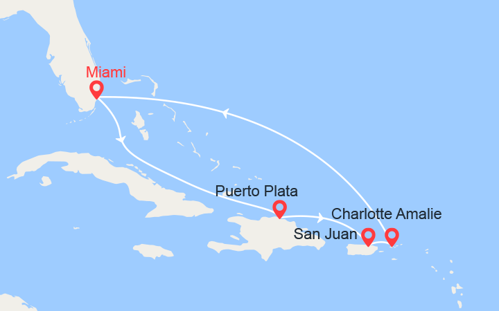 Carte itinéraire croisière Rép. Dominicaine, Porto Rico, Iles Vierges